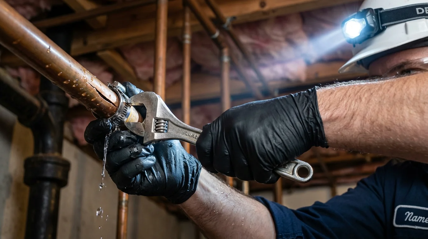 Emergency pipe clamp repair being performed by a Johns Plumbing LLC plumber in Washingtonville