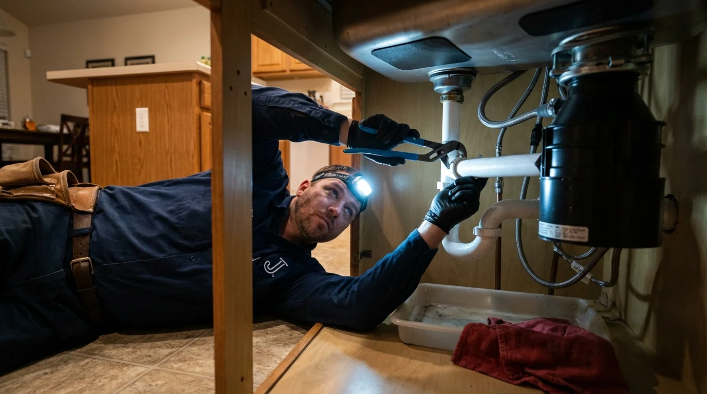 P-trap and supply line connections under a kitchen sink showing a common leak point in Washingtonville, NY